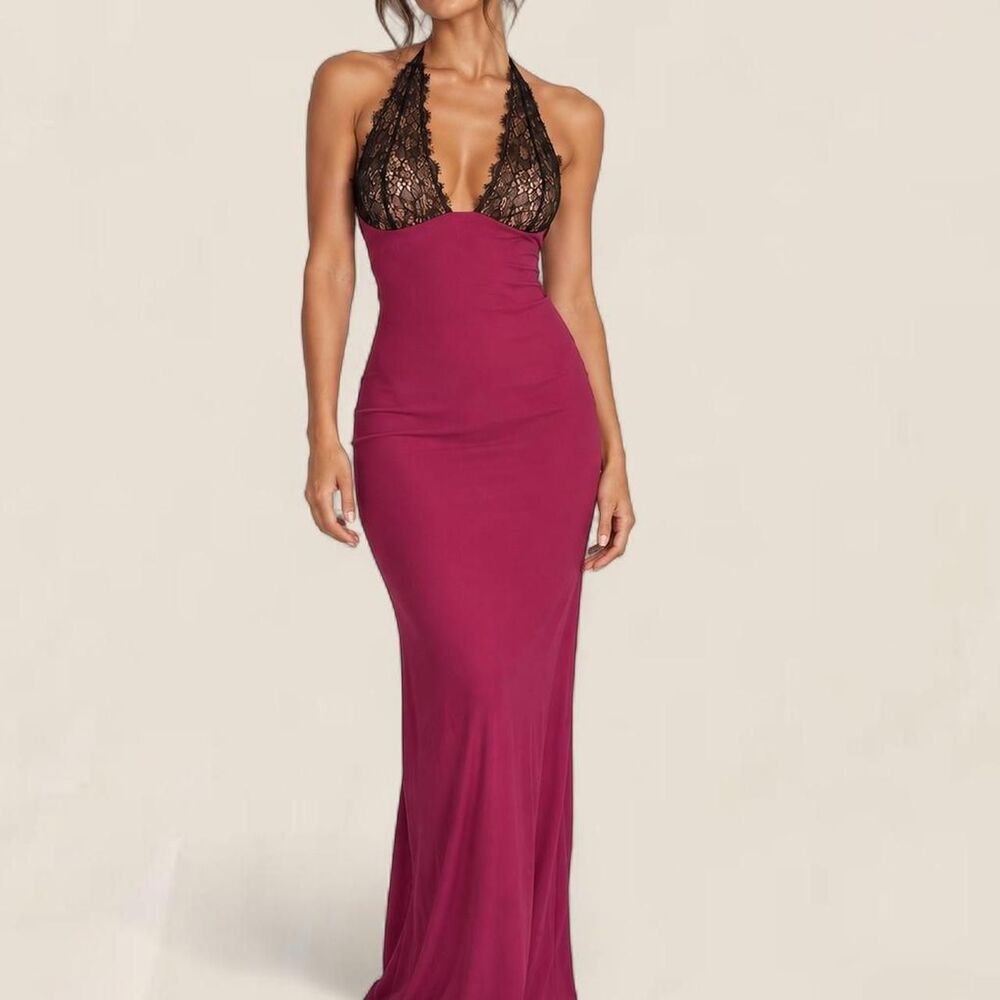 White Fox wine Burgundy Lace Halter Maxi Gown Open Back Formal Dress xl
